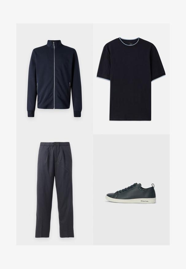 Dark navy zip-up jacket with a high collar, long sleeves, side zip pockets, and ribbed cuffs, made from smooth fabric.; Dark blue short-sleeve t-shirt with a round neckline, featuring light blue accent at the collar and sleeves. Made of soft cotton fabric.; Dark navy trousers made of soft fabric with a pleated front design and elastic waistband. Features a button closure and straight-leg cut.; Dark navy leather sneaker with a smooth finish, rounded toe, six eyelet lacing, and contrasting white rubber sole. Features branding on the side.