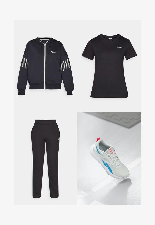 Mizuno ATHLETICS JACKET - Camisola com fecho - black; Camiseta preta de manga curta feita de algodão, com um pequeno logótipo bordado no peito. Design clássico de gola redonda com uma textura suave.; Calças de treino pretas feitas de tecido suave, com um cós elástico, pernas retas e um pequeno logótipo na lateral.; Sapatilha Reebok branca e azul com um puxador vermelho flutuando acima de um chão brilhante, com um tapete de borracha cinza próximo.