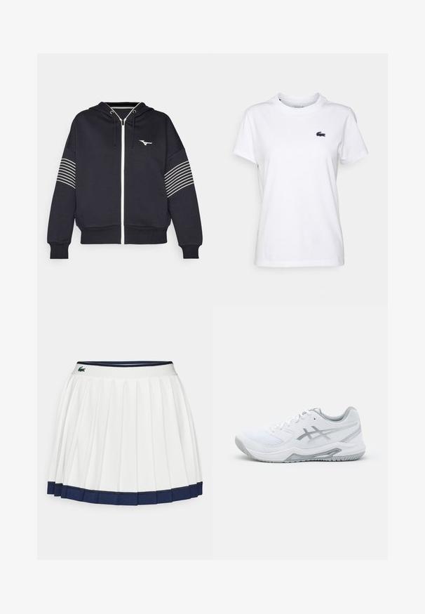 Mizuno ATHLETICS JACKET - Majica s kapuljačom i patentnim zatvaračem - black; Bijela pamučna majica s okruglim izrezom, kratkim rukavima i malim mornarsko plavim logotipom na lijevom prsnom dijelu. Glatka tekstura, ležeran dizajn.; Bijela plisirana suknja s tamnoplavim pojasom i rubom. Ima meku tkaninu s horizontalnim prugama na pojasu, dizajnirana za udobnost.; Bijela atletska cipela s mrežastim i sintetičkim materijalima, sivo akcentirana i vezana čipkom, teksturirana potplat, zakrivljeni dizajn i detalj loga.