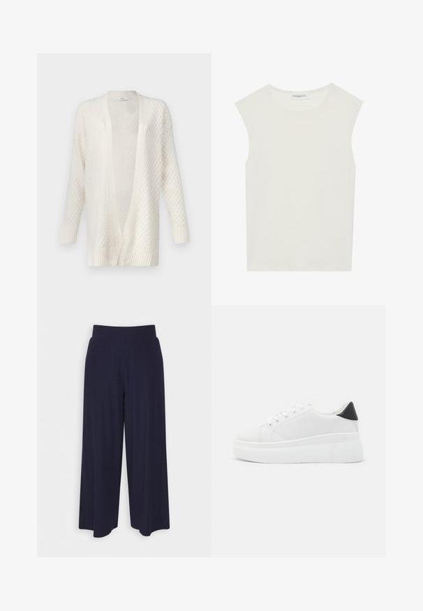 JDY JDYBIGUM LONG OPEN CARDIGAN - Jopica - whitecap gray; Bela brezrokavnica s okroglim izrezom. Narejena iz gladkega materiala, ima sproščen kroj in minimalističen dizajn. Brez vzorcev ali okrasnih elementov.; Široke hlače iz temno modrega blaga z rebrasto teksturo. Imajo gladek pas in tekoč silhueto, ki seže do sredine tele.; Bele platform tenisice izdelane iz gladkega sintetičnega materiala, z zaobljenim prstom, sistemom vezalk in teksturiranim gumijastim podplatom. Črn dodatek na peti.