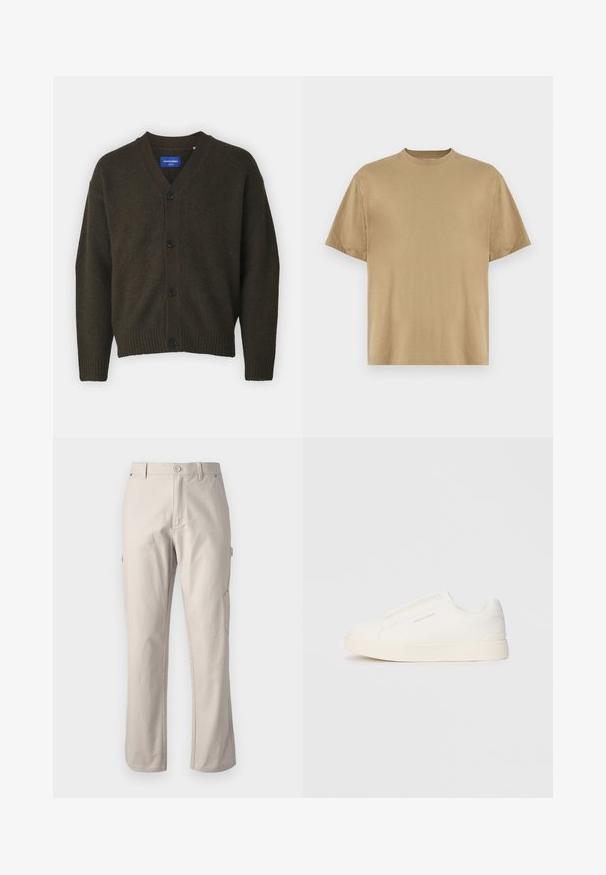 Jack & Jones JOROLLIE CARDIGAN - Cardigan - chocolate lab; Khaki short-sleeve T-shirt made of soft fabric, featuring a round neckline and a relaxed fit. No patterns or graphics are visible.; Beige cargo pants made of sturdy cotton with straight legs, front button closure, and side pockets for utility. Smooth texture with subtle stitching.; White slip-on sneakers with a textured surface, a thick sole, and minimalistic design. Features brand logo on the side.