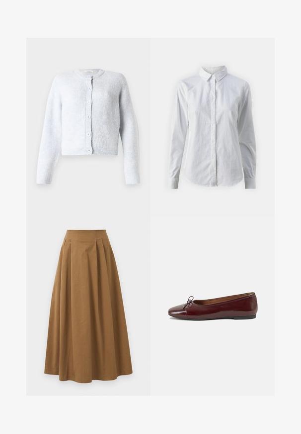 Cárdigan azul claro hecho de suave tejido de punto, con mangas largas, un cuello redondo y seis botones en la parte delantera.; Camisa blanca de botones hecha de algodón suave, con un cuello clásico, mangas largas y un dobladillo curvado. Los botones son pequeños y blancos.; Falda de algodón marrón en corte A con una cintura alta, que presenta plisados en la parte frontal y una textura suave. Los acabados del dobladillo son limpios y simples.; Bailarina de charol burdeos con punta redonda, pequeño lazo en la parte frontal y una suela baja de goma negra. Textura suave.