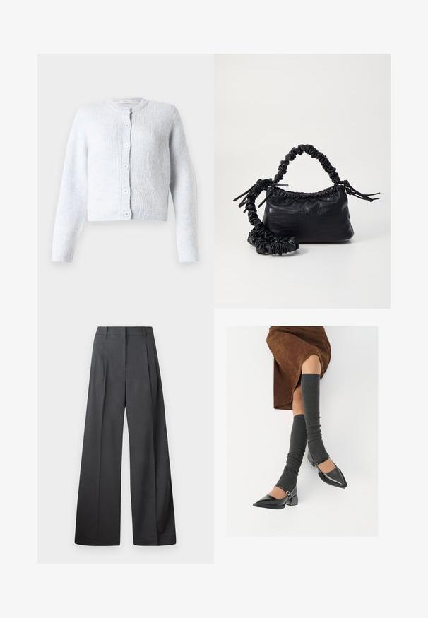 Cardigan azzurro chiaro realizzato in morbido tessuto a maglia, con maniche lunghe, scollatura rotonda e sei bottoni sulla parte frontale.; Camicia bianca con bottoni, realizzata in cotone liscio, dotata di un colletto classico, maniche lunghe e orlo curvo. I bottoni sono piccoli e bianchi.; Pantaloni a gamba larga in tessuto grigio scuro, con vita alta, pieghe singole e una texture liscia con una finitura pulita sui orli.; Scarpe nere in pelle verniciata con punta affilata, tacco a blocco e cinturino alla caviglia, abbinate a scaldamuscoli grigi a coste e una gonna in suede marrone.; Borsa a tracolla in ecopelle nera con texture a coccodrillo, apertura cinchata e tracolla arricciata. Si presenta con un design morbido e compatto.