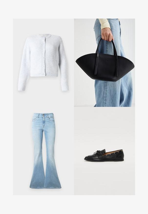 Világoskék kardigán, puha kötött anyagból készült, hosszú ujjakkal, kerek nyakkivágással és hat gombbal elől.; Rózsaszín csíkos ing gallérral, hosszú ujjakkal és elöl gombos záródással. Könnyű anyagból készült, sima felülettel.; Világoskék, trapéz szabású farmernadrág. Magas derekú, két gombbal rögzített és a szegés felé enyhén fakult. Klasszikus öt zsebes design.; Fekete bőr lófarok cipők, megkötött masnival, arany szemcsés díszítéssel az oldalán és lapos gumitalppal. Simaság, klasszikus dizájn.; Fekete bőr kézitáska egyedi legyezőformával, lapos füllel. A felülete kőriszerű textúrájú és minimalista dizájnnal rendelkezik.