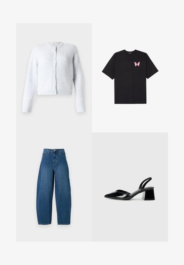 Cardigan azul claro feito de um tecido de malha suave, apresentando mangas longas, decote redondo e seis botões de fecho na parte da frente.; T-shirt de algodão preto com mangas curtas, apresentando um pequeno gráfico de borboleta rosa no lado esquerdo do peito. Design de gola redonda com um corte solto.; Denim jeans em um tom de azul médio, apresentando uma cintura alta, corte largo e design padrão de cinco bolsos com detalhes de costura visíveis.; Sandy em verniz preto com salto slingback, ponta afilada e salto geométrico. Apresenta um design elegante e minimalista com textura suave.