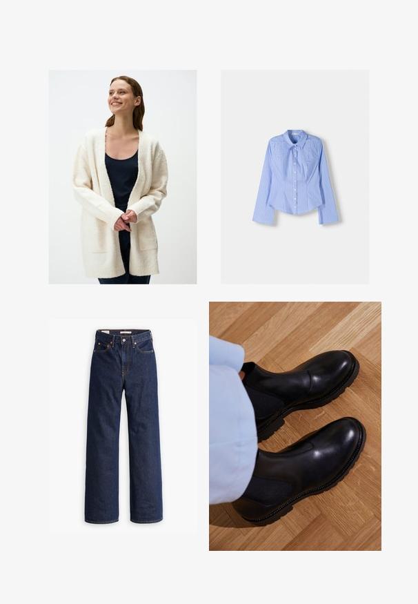 Witte, fluffy cardigan met lange mouwen, open voorkant en ribbels aan de manchetten. Gekocht boven een donkere tanktop, met zijzakken en een zachte textuur.; Blauw en witte gestreepte langlopende overhemstel met een spreadkraag, getailleerde pasvorm en afgeronde zoom. Gestructureerd katoenen materiaal.; Donkerblauwe rechte spijkerbroek met vijf zakken, oranje stiksels en een knopen sluiting.; Zwarte enkellaarzen van soepel leer met elastische zijpanelen, een getextureerde rubberen zool en contrasterende stiklijnen langs de rand.