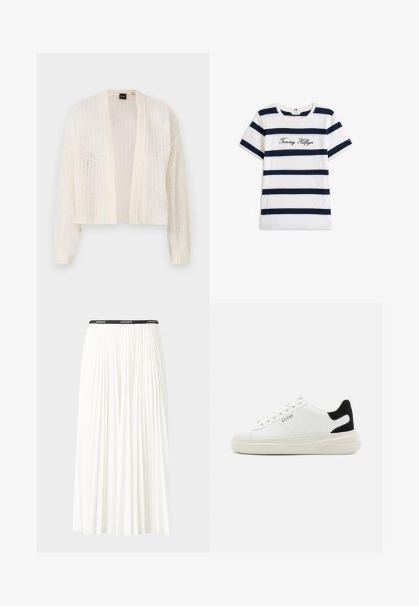 Luftig stickad cardigan i lätt material i off-white, med långa ärmar och kort design. Inga knäppningar eller ytterligare detaljer.; T-shirt i bomull med horisontella marinblå ränder på vit bakgrund. "Tommy Hilfiger" broderat i kursiv på bröstet. Rund halsringning.; Fälld vit kjol med svart elastiskt midjeband som har "LACOSTE"-logotypen. Mittenlång design med mjuk textur.; Vita lädersneakers med en tjock vit sula, svartsuede hälaccent och präglad logotyp på sidan. Snörningsdesign med sex öglor.