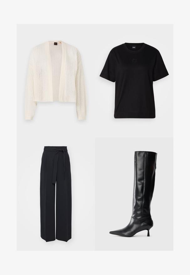 Open-knit cardigan made of lightweight material in off-white, featuring long sleeves and a cropped hemline. No fastenings or additional features.; Black cotton t-shirt with a crew neckline, short sleeves, and an embroidered logo on the chest. Simple, relaxed fit with no patterns.; Wide-leg black trousers made of soft fabric. Features a belted waistband and front pleats. Smooth texture with a clean, contemporary design.; Black leather knee-high boot with a pointed toe and slim curved heel. Smooth texture, fitted design, and no visible hardware or patterns.