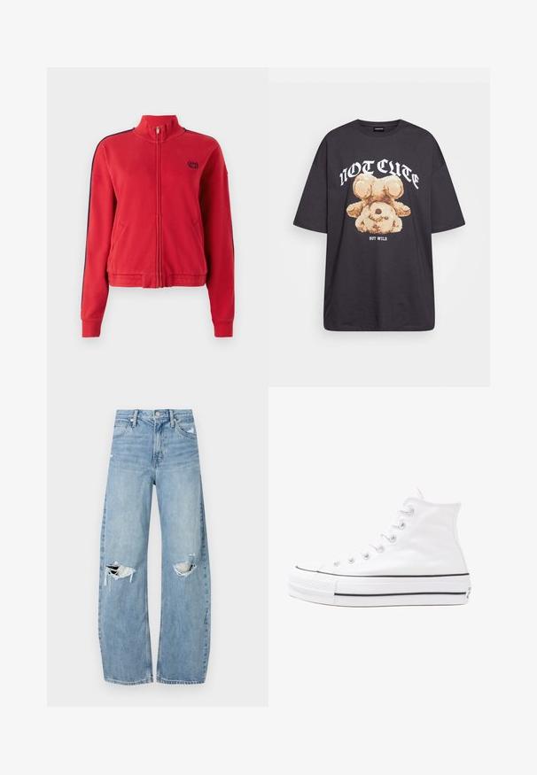 Rote Zip-Jacke mit hohem Kragen, mit marineblauen Seitestreifen und einem kleinen Logo auf der Brust. Hergestellt aus weichem, strukturiertem Stoff.; Schwarzes, übergroßes T-Shirt mit einem Grafikdruck eines Bären und dem Text "NICHT SÜß, SONDERN WILD" in fetter, weißer Schrift. Baumwollmaterial.; Helles, hochtailliertes Jeans aus Denim. Hat weit geschnittene Beine, zwei aufgerissene Kniebereiche und klassischen Fünf-Taschen-Stil.; Weiße hochwertige Leinensneaker mit schwarzer Gummisohle, vorderem Gummizehenschutz und sechs Ösen für Schnürsenkel, die ein sauberes, minimalistisches Design aufweisen.