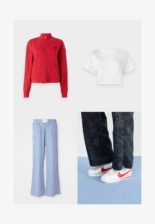 Giacca rossa con zip e colletto alto, dotata di strisce laterali blu navy e un piccolo logo sul petto. Realizzata in tessuto morbido e testurizzato.; T-shirt bianca cropped in cotone. Maniche corte, scollatura rotonda, texture liscia, design casual senza motivi o decorazioni.; Pantaloni blu e bianchi a righe con una vestibilità rilassata, realizzati in tessuto leggero, dotati di una fascia elastica in vita e di un discreto etichetta con logo.; Sneakers Nike bianchi con accenti rossi, abbinati a pantaloni neri con un motivo floreale. La texture è liscia con una suola piatta intrecciata.