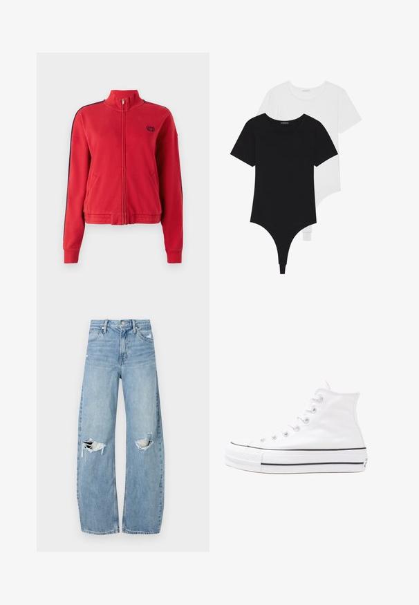 Piros, zipzáras dzseki magas gallérral, amelynek az oldalán tengerészkék csíkok találhatók, és a mellkason egy kis logó látható. Puha, texturált anyagból készült.; Fekete és fehér, rövid ujjú bodyszutok kerek dekoltázzsal és tanga alsó résszel, sima, rugalmas anyagból készült.; Világoskék, magas derekú farmernadrág. Széles lábakkal, két szakadt térddel és klasszikus öt zsebes dizájnnal rendelkezik.; Fehér magaskorsó vászon sportcipő fekete gumi talppal, elülső gumi orrnyereggel és hat fűzőlyukkal, letisztult, minimalista dizájnnal.