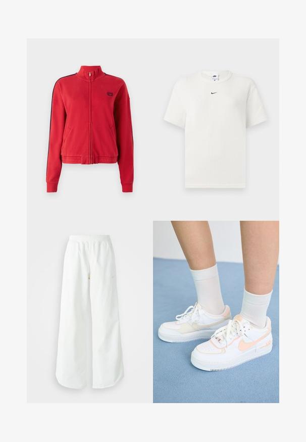 Crvena jakna na zakopčavanje sa visokim ovratnikom, sa mornarsko plavim bočnim trakama i malim logotipom na prsima. Napravljena od mekane, teksturirane tkanine.; Bijela rebrasta majica s okruglim izrezom i kratkim rukavima. Sadrži mali crni Nike logo na prsima. Teksturirana tkanina s prilagođenim oblikom.; Bijele široke sportske hlače s rebrastim pojasom i suptilnim logotipom. Glatka tkanina s opuštenim krojem i suženim rubom.; Bijele tenisice s breskvastim akcentima, glatka kožna gornja strana, perforirani vrh, teksturirana potplat i vezice. Nosi se s bijelim čarapama na plavoj površini.