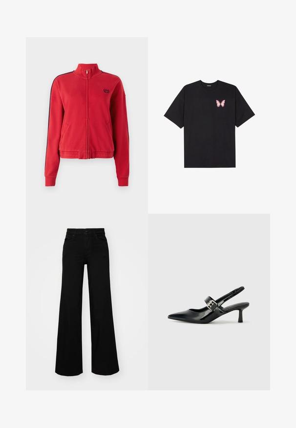 Giacca rossa con zip e colletto alto, dotata di strisce laterali blu navy e un piccolo logo sul petto. Realizzata in tessuto morbido e testurizzato.; T-shirt nera in cotone con maniche corte, caratterizzata da una piccola grafica di una farfalla rosa sul lato sinistro del petto. Design a girocollo con una vestibilità rilassata.; Pantaloni neri a gamba larga in denim, con una vita strutturata, passanti per la cintura e tasche frontali. Texture liscia con un design classico.; Décolleté neri in vernice con punta affilata e tacco a blocco piccolo, dotati di un accentuato con fibbia argentata sulla cinturino.