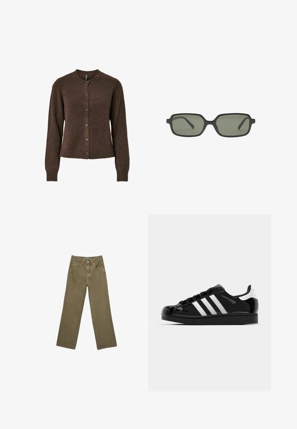Rjav kardigan s okroglim ovratnikom, dolgimi rokavi in gumbnim zapiranjem. Narejen iz mehkega teksturiranega materiala, z oprijetim krojem.; Dva kratka rokava: en črn in en bel. Oba imata oprijet kroj s nabranimi stranskimi detajli in zaobljenimi robovi.; Olivno zelene široke hlače iz bombaža z močno teksturo. Imajo zadrgo, pet žepov in kontrastno šivanje v bližini pasu.; adidas Originals SUPERSTAR II - Športni copati - core black/footwear white/gold metallic; Črne pravokotne sončna očala s temno zelenimi lečami, z ravnim dizajnom, minimalističnimi stranmi in lahkotnim okvirjem za udobje.; Črna usnjena torba s pletenimi ročaji, žepom na zadrgo in visečimi resicami. Teksturična površina z kovinskimi okrasnimi studenčki in dodatki iz kovine.