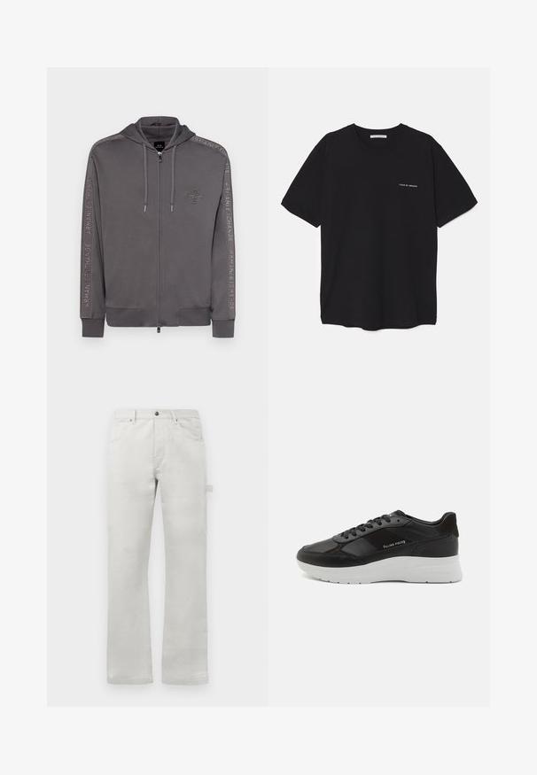 Haut à capuche zippé gris en matériau doux, doté d'une capuche avec cordon de serrage, de poches latérales et d'un logo en relief le long des manches.; T-shirt en coton noir avec un col rond, des manches courtes et un logo blanc imprimé sur la poitrine gauche. Design simple, couleur unie.; Pantalon gris clair à coupe droite, fabriqué en tissu en coton lisse, avec des poches avant et une poche cargo sur le côté.; Baskets en cuir noir avec des accents en daim, bout rond, semelle en caoutchouc blanche et détails cousus. Logo imprimé sur le côté. Design classique à lacets.
