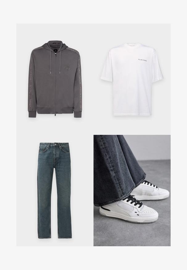 Felpa grigia con zip realizzata in materiale morbido, dotata di cappuccio con cordoncino, tasche laterali e marchio in rilievo lungo le maniche.; T-shirt bianco a maniche corte in cotone con scollatura a V, caratterizzato da un logo nero "FILLING PIECES" stampato sul lato sinistro.; Jeans in denim blu scuro con design a gamba dritta, dotati di cinque tasche, chiusura a bottone e dettagli di cucitura a contrasto.; Sneakers bianchi con lacci neri e dettagli in rete. Presentano una tomaia in pelle liscia e una suola in gomma testurizzata. Abbinate a jeans grigi a gamba larga.