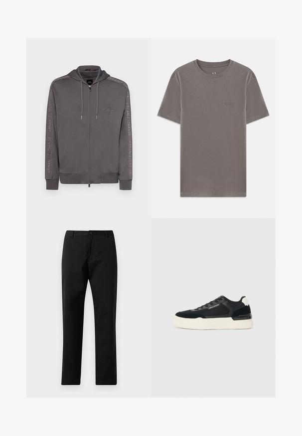 Siva zip-up jopica, izdelana iz mehkega materiala, z kapuco na vrvico, stranskimi žepi in embosiranim blagovno znamko ob rokavih.; Siva kratka majica s kratkimi rokavi, izdelana iz mehke bombažne tkanine. Okrogli ovratnik z majhnim vtisnjenim logotipom na levem prsnem delu. Gladka tekstura, običajen kroj.; Črne trdne hlače z ravnimi nogami, z gumbom in zadrgo, z luknjami za pas in sprednjimi žepi, prikazane na belem ozadju.; Črne superge iz mrežastega materiala in usnja, z debelim belim podplatom in kontrastnimi poudarki. Pertle in detajl logotipa ob strani.