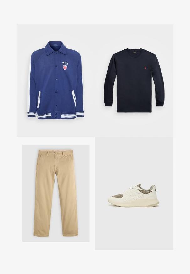 Sötétkék dzseki fehér díszítéssel, gombos zárással és oldalsó zsebekkel. Az „USA” embléma csillagokkal és csíkokkal rendelkezik, bordázott mandzsettákkal és szegéllyel.; Tengerészkék hosszú ujjú póló, pamutból készült, kerek nyakkal és kis piros logóval a mellkasan. Selymes tapintású, laza szabású.; Khaki chino nadrág egyenes szárakkal, két elülső zsebbel és övhurkos derékkal. Puha, tartós pamutszövetből készült.; Fehér és világos bézs sportcipő, légies hálós felsőrésszel, perforált részletekkel és texturált középtalppal, amelyen a saroknál a márka logója található.