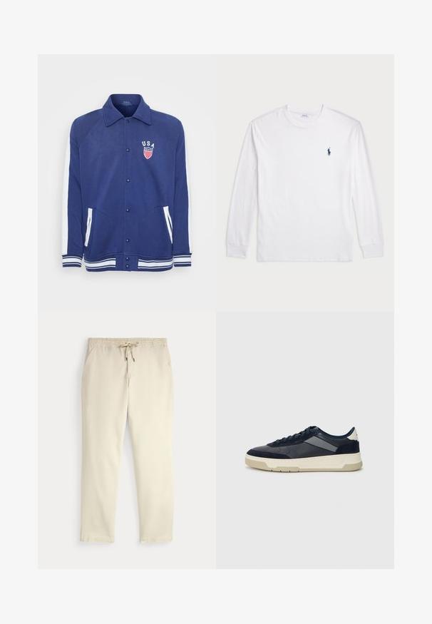Sötétkék dzseki fehér díszítéssel, gombos zárással és oldalsó zsebekkel. Az „USA” embléma csillagokkal és csíkokkal rendelkezik, bordázott mandzsettákkal és szegéllyel.; Fehér, hosszú ujjú póló, pamutból készült. Kerek nyakkivágással, bordás mandzsettákkal és egy kis sötétkék polo logóval a bal mellen.; Krém színű, laza nadrág, rugalmas derékrésszel és húzózsinórral, egyenes szárakkal és oldalsó zsebekkel, egyszínű háttér előtt.; BOSS BALTIMORE - Sportcipő - open blue
