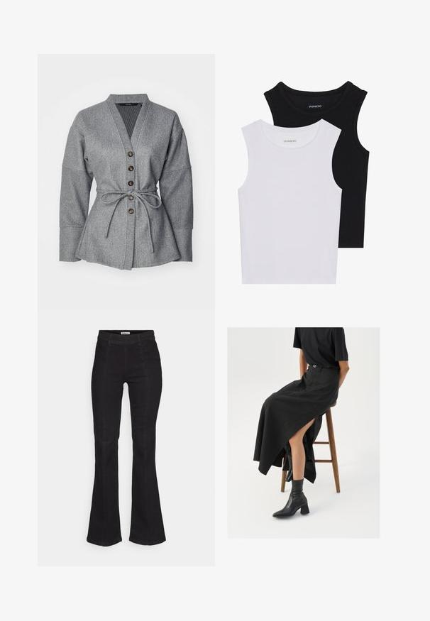 Gray wrap jacket with a v-neck, long sleeves, tie waist, and six brown buttons. Soft textured fabric with a structured silhouette.; Two sleeveless tops in black and white, made of ribbed cotton, featuring round necklines and a fitted design. Labels visible on both.; Black flared jeans made of denim, featuring a high waist, subtle front seam detailing, and a classic five-pocket design.; Black linen maxi skirt with a high slit, worn with a black t-shirt and black ankle boots. Minimalistic design with a relaxed fit.