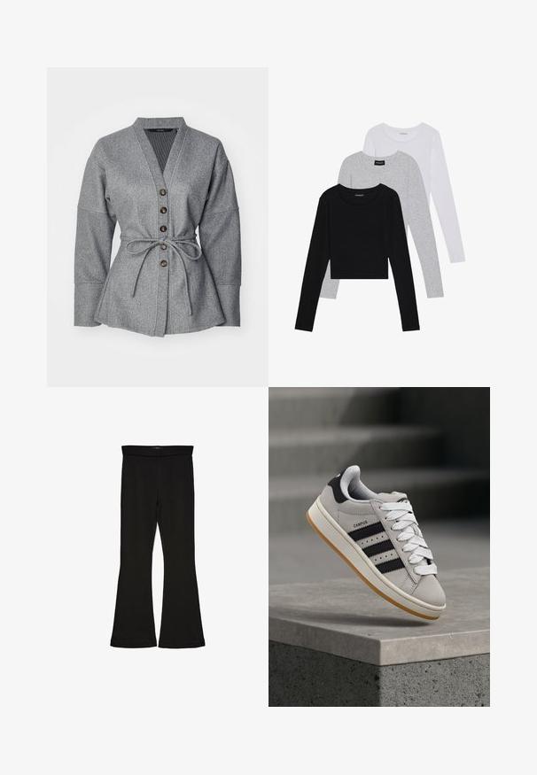 Gray wrap jacket with a v-neck, long sleeves, tie waist, and six brown buttons. Soft textured fabric with a structured silhouette.; Three long-sleeve tops stacked: black, grey, and white. Each has a round neckline and a cropped design with smooth, lightweight fabric.; Black flare leggings made from stretchy fabric. Features a wide waistband and a smooth texture, with a fitted silhouette that flares at the hem.; Gray Adidas Campus sneaker with black stripes and white laces floating above a concrete ledge with stairs in the background.