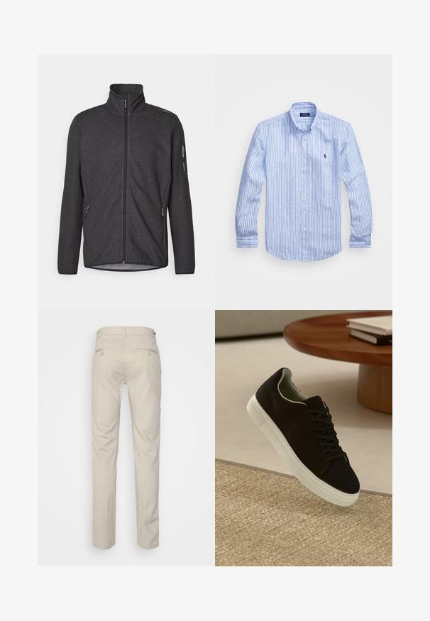Dunkelgraue Fleecejacke mit hohem Kragen, durchgehendem Reißverschluss und Reißverschluss-Taschen. Verfügt über einen strukturierten Stoff und ein schlankes Design.; Blau-weißer gestreifter Langarmshirt aus Baumwolle mit einem Button-Down-Kragen, Frontknöpfen und einem kleinen gestickten Logo auf der Brust.; Beige Hosen mit glatter Textur, geradem Schnitt, zwei Gesäßtaschen mit Knöpfen und einem normalen Bund.; Schwarze Sneakers mit weißer Sohle, die über einem beige strukturierten Teppich schweben, in der Nähe eines runden Holztisches mit gestapelten Büchern.
