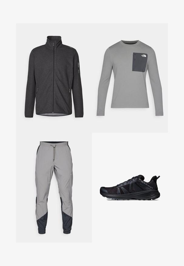 Dunkelgraue Fleecejacke mit hohem Kragen, durchgehendem Reißverschluss und Reißverschluss-Taschen. Verfügt über einen strukturierten Stoff und ein schlankes Design.; Langärmliges graues Shirt aus strukturiertem Stoff, mit einer dunkelgrauen Brusttasche und einem Reißverschluss. Logo in Weiß auf der Tasche.; Leichte, graue Sporthosen mit schwarzen Akzenten. Elastischer Bund, Kordelzugverschluss, taillierte Beinform und Seitentaschen.; Schwarzer Trailrunning-Schuh mit Mesh- und synthetischem Obermaterial, strukturiertem Außensohle, verstärktem Zehenbereich und auffälligem Logo an der Seite.