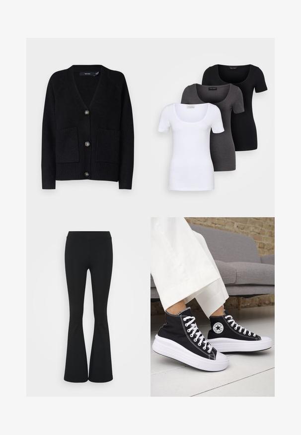 Crni dekni s V-izrezom, rebrastim manžetama, dva prednja džepa i pet dugmadi s suptilnim sjajem. Izrađen od mekog pletenog materijala.; Tri fitted T-shirtovi u bijeloj, sivoj i crnoj boji. Svaki ima široki izrez na vratu i kratke rukave. Napravljen od glatkoga, rastezljivog materijala.; Crne trapezaste hlače od rastezljivog materijala, sa visokim pojasom i glatkom teksturom. Hlače se šire od koljena.; Crne tenisice visoke košarke s bijelim gumenim potplatom i vezicama. Imaju okruglu logotipsku zakrpu i kontrastni bijeli šav. Materijal od platna.