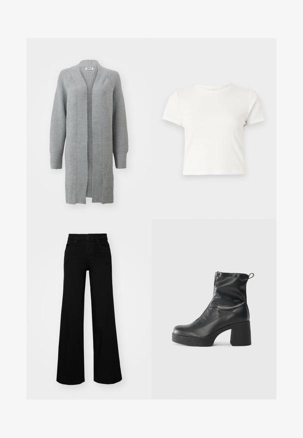ONLY ONLLEISE FREYA OPEN CARDIGAN - Cardigan - medium grey melange; Tricou scurt, alb, din bumbac, cu mâneci scurte, decolteu rotund și margine dreaptă, având o textură netedă și un design minim.; Pantaloni negri cu picioare largi, din denim, cu un brau structurat, bucle pentru curea și buzunare frontale. Textură netedă, cu un design clasic.; Bocanci negri de glezna din piele netedă, cu fermoar lateral, toc texturat și masiv, și design cu vârf rotund.