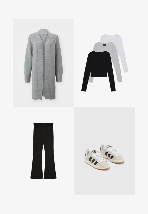 ONLY ONLLEISE FREYA OPEN CARDIGAN - Cardigan - medium grey melange; Tre lange ermer t-skjorter stablet: svart, grå og hvit. Hver har en rund hals og et kort design med glatt, lett stoff.; Sorte flared leggings laget av stretchy stoff. Har en bred midjebånd og en glatt tekstur, med en tettsittende silhuett som blir videre nedover.; Grå semsket sneakers med hvite lisser, svarte striper og en hvit gummisåle. Har en sirkulær logo på tungen og en gummisåle.