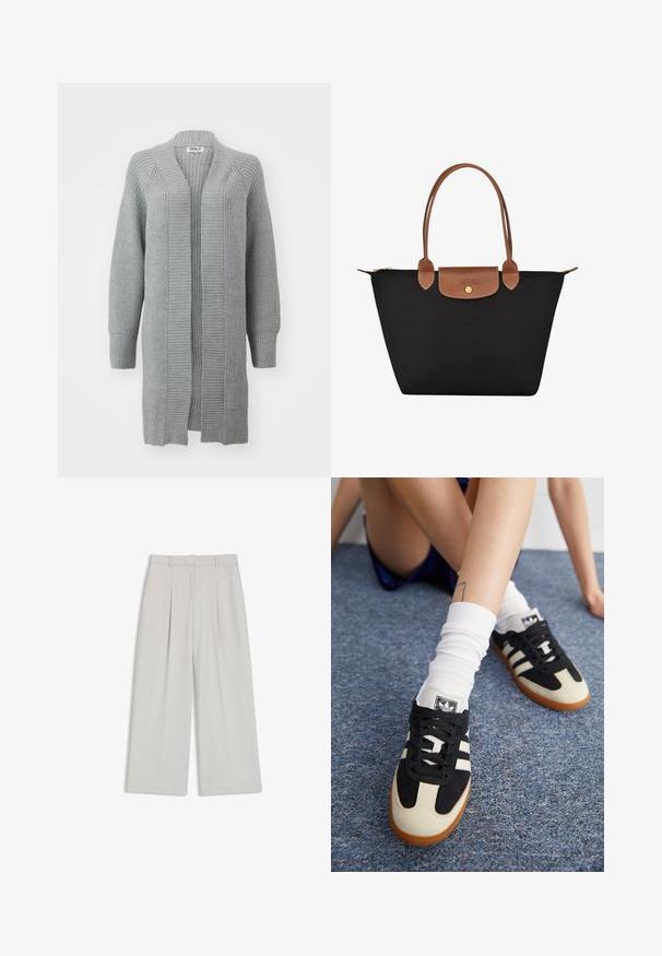 ONLY ONLLEISE FREYA OPEN CARDIGAN - Strickjacke - medium grey melange; Cremfarbener Rollkragenpullover mit langen Ärmeln aus weichem Stoff, ausgestattet mit einem enganliegenden Kragen und einem schlichten Design, langen Ärmeln und geradem Saum.; Hellgraue weit geschnittene Hose mit vorderen Falten, tailliertem Bund und sauberem Saum. Hergestellt aus einem glatten, leichten Stoff.; Schwarz-weiße Sportschuhe mit einem Obermaterial aus Wildleder und Leder, ausgestattet mit drei weißen Streifen und einer Gummisohle. Paar mit weißen Socken getragen.; Schwarze Nylon-Tote-Tasche mit braunen Lederakzenten und -griffen. Verfügt über einen Druckverschluss und eine Fronttasche mit einem Logo-Detail.