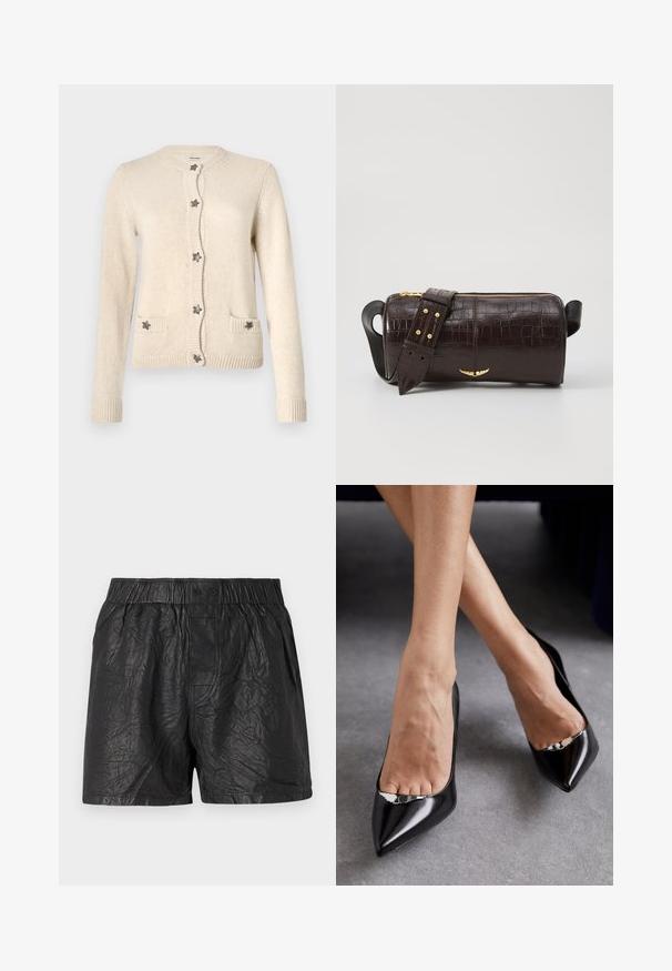 Beige cardigan made of soft knit material. Features a round neckline, button front with star accents, and two front pockets. Ribbed cuffs.; Light cream camisole with adjustable spaghetti straps, V-neck design, and lace accents at the neckline and hem for added detail.; Black shorts made from crinkled material, featuring an elastic waistband with two buttons, knee-length cut, and smooth texture.; Black leather high-heeled shoes with a pointed toe and open design featuring a decorative silver accent. Smooth texture with polished finish.; Brown crocodile-embossed leather bag with a cylindrical shape, gold-tone hardware, and a detachable strap featuring studs.