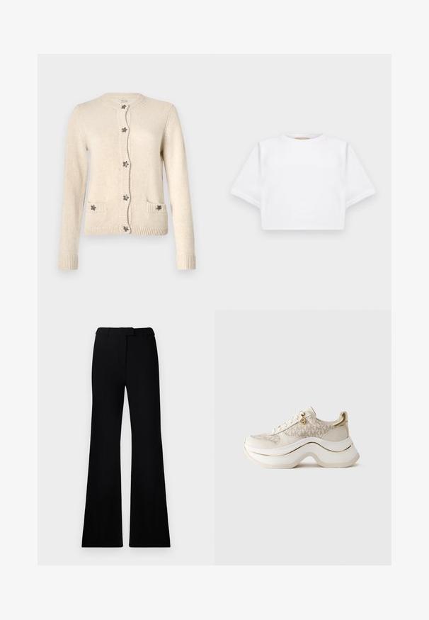 Beige cardigan gemaakt van zachte breimateriaal. Heeft een ronde halslijn, een knopenfront met steraccenten en twee voorzakken. Geribbelde manchetten.; Gemiddelde witte T-shirt gemaakt van zachte stof, met korte mouwen, een ronde halslijn en geribbelde zoomdetails. Eenvoudig en ongecompliceerd ontwerp.; Zwarte uitlopende broek met een soepele textuur, een op maat gemaakte tailleband en voorzakken, ontworpen met een elegante, moderne silhoeët.; Beige en gouden platform sneaker met "MK" patroon, vetersluitingen aan de voorkant, gouden bedel en dikke golvende zool tegen een effen achtergrond.