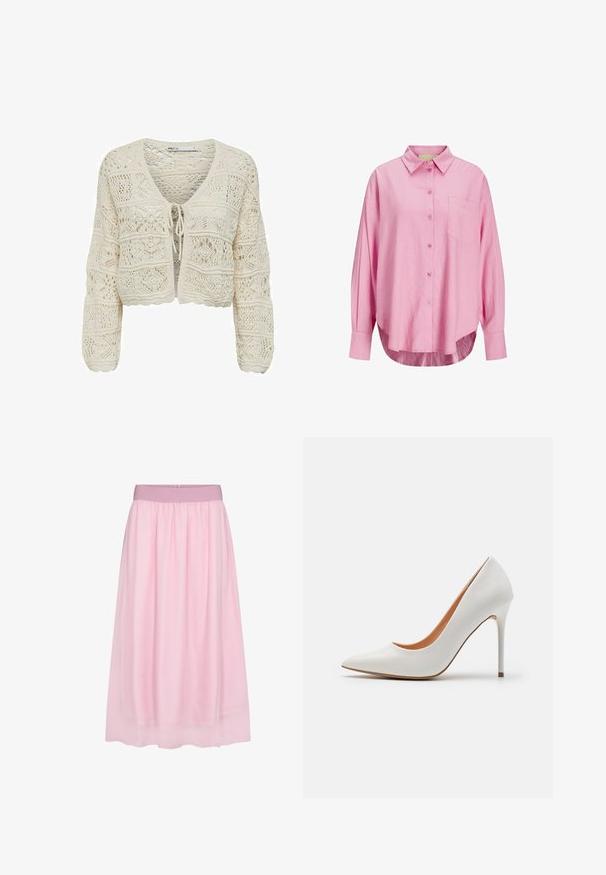 Gestrickte, kurz geschnittene Strickjacke in Creme mit V-Ausschnitt, Bindeband und filigranen Spitzenmustern, die eine strukturierte Oberfläche und gewellte Kanten aufweist.; Hellrosa Hemd mit Knopfverschluss, mit Kragen, langen Ärmeln, einer einzelnen Brusttasche und einem leicht gebogenen Saum. Der Stoff scheint weich zu sein.; Rosa Tüllrock mit einem weichen, durchsichtigen Design. Mit einem elastischen Bund und fließender Silhouette, die einen geschichteten Effekt erzeugt.; Weiße Lackleder-Pumps mit hohen Absätzen, einer spitzen Zehenpartie und einem schlanken Stiletto-Absatz, die eine glatte Textur und ein beiges Innenleben aufweisen.