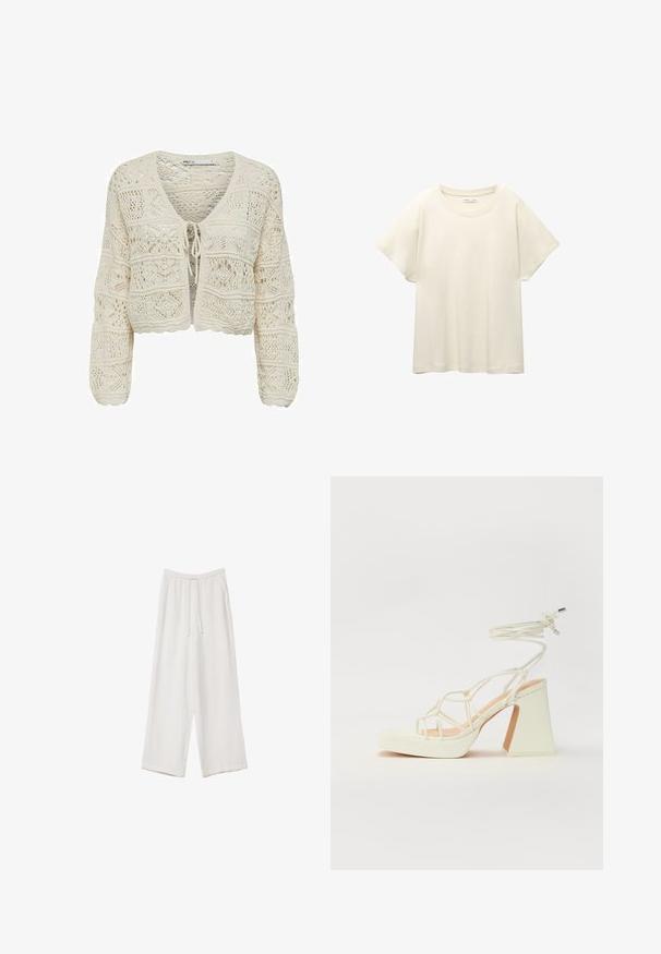 Pletený zkrácený kardigan v krémové barvě, s výstřihem do V, zavazováním na mašli a složitými krajkovými vzory s texturovaným povrchem a vlnkovými okraji.; Svetle béžové tričko s krátkým rukávem a kulatým výstřihem, vyrobené z jemné, hladké tkaniny. Má uvolněný střih a rovný lem.; Bílé široké kalhoty vyrobené z lehké tkaniny. Mají elastický pas se šňůrkou a boční kapsy. Hladká textura.; Bílé sandály na vysokém podpatku s robustním podpatkem, s designem s pásky a zavazováním kolem kotníku. Hladký povrch s platformou vpředu pro zvýšení výšky.