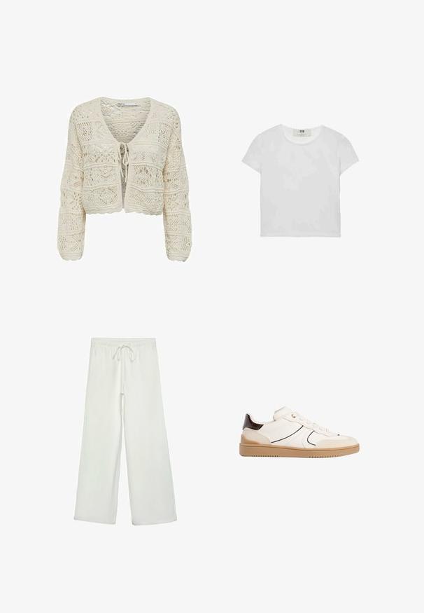 Kudottu lyhyt neuletakki vaaleassa kremissä, jossa on V-kaula-auko, nauhakiinnitys ja monimutkaiset pitsikuvioinnit, teksturoitu pinta ja aallotettua reunaa.; Lyhythemmtä, pyöreäkauluksista valkoista t-paitaa, joka on valmistettu pehmeästä puuvillasta. Paidassa on yksinkertainen, selkeä muotoilu ilman näkyviä kuvioita tai korostuksia.; Valkoiset leveälahkeiset housut pehmeästä kankaasta. Varustettu joustavalla vyötäröllä ja nyörillä sekä sileällä pinnalla. Ei näkyviä kuvioita tai tarvikkeita.; Stradivarius Matalavartiset tennarit - white