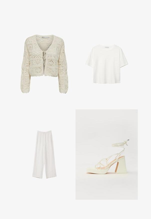 Cardigan court en tricot crème, avec un col en V, une fermeture par lien et des motifs en dentelle élaborés, avec une finition texturée et des bords festonnés.; T-shirt blanc à manches courtes en coton. Doté d'un col ras du cou et d'une coupe décontractée. Texture lisse sans motifs ni accents visibles.; Pantalons larges blancs en tissu léger. Dotés d'une taille élastique avec cordon de serrage et de poches latérales. Texture lisse.; Sandale blanche à talons hauts avec un talon épais, présentant un design à lanières et un lien autour de la cheville. Texture lisse avec une plateforme à l'avant pour une hauteur supplémentaire.