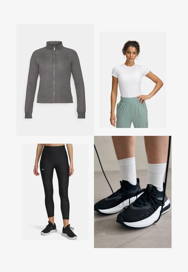 Gray zip-up jacket made of textured fabric with a high collar, long sleeves, and a slim fit. Features logo on the left chest.; White fitted t-shirt with short sleeves, paired with light green elastic waistband pants. Smooth texture, minimalist design, and no visible patterns.; Black athletic leggings with a high waistband, featuring a textured pattern on the sides, paired with black athletic shoes.; Black athletic shoes with textured fabric, white sole, and black laces. Worn with white ribbed socks, standing on a light surface.