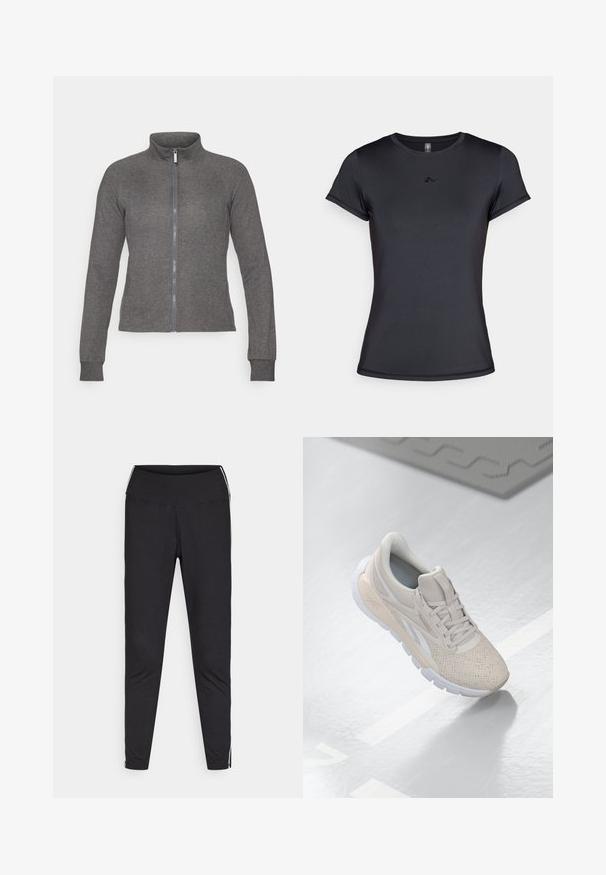 Szürke, zippzáras dzseki texturált anyagból, magas gallérral, hosszú ujjaival és karcsú fazonnal. Bal mellen logóval rendelkezik.; Fekete, rövid ujjú póló sima, lélegző anyagból, minimalista logó dizájnnal az elején. Klasszikus, kerek nyakú fazon.; Fekete leggings rugalmas anyagból. Magas derék, szűkített fazon, fehér oldalcsíkokkal a külső varrások mentén. Sima felület.; Világos bézs színű sportcipő perforált felsőrésszel, texturált díszítéssel, párnázott nyakkal és fehér gumitalppal, amely a kényelem és a légáteresztő képesség érdekében készült.