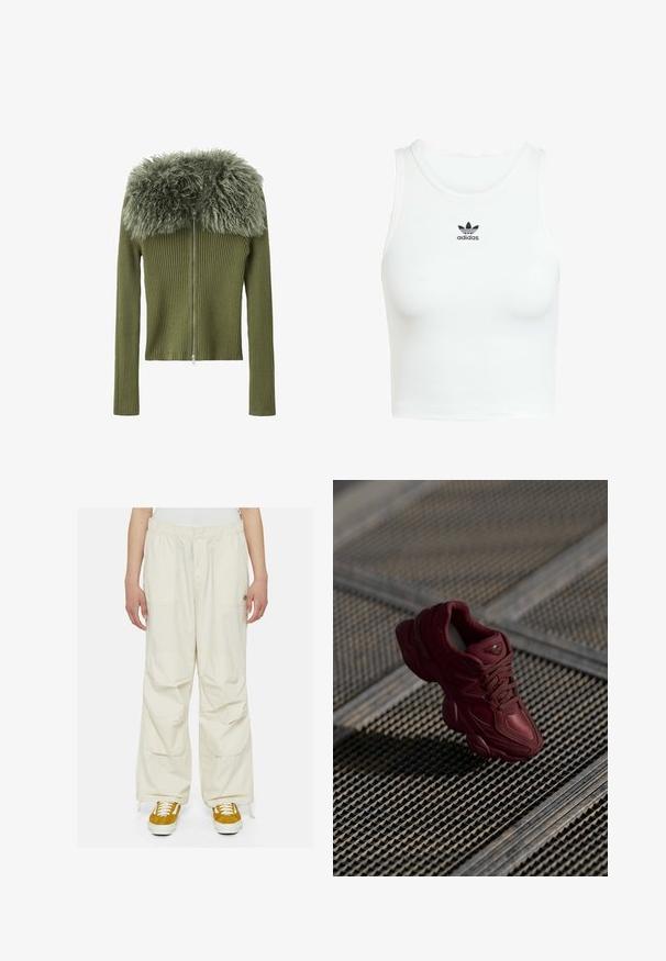 Olivovo zelená rebrová pletená bunda s dlhými rukávmi, zipsovým uzáverom a nadýchaným golierom pripomínajúcim kožušinu. Textúrovaná látka kontrastuje s hladkými akcentmi.; Biely bavlnený top bez rukávov s priliehavou rebrovanou textúrou, okrúhlym výstrihom a vyšívaným čiernym logom Adidas na prednej strane.; Krémočné cargo nohavice s voľným strihom, elastickým pásom a viacerými vreckami. Nosené s hnedo-bielymi teniskami na bielom pozadí.; Bordové tenisky s textúrovaným vrchom, šnurovací dizajn a výrazné kontúry podrážky. Obsahujú logo a bezšvové akcenty z syntetického materiálu.