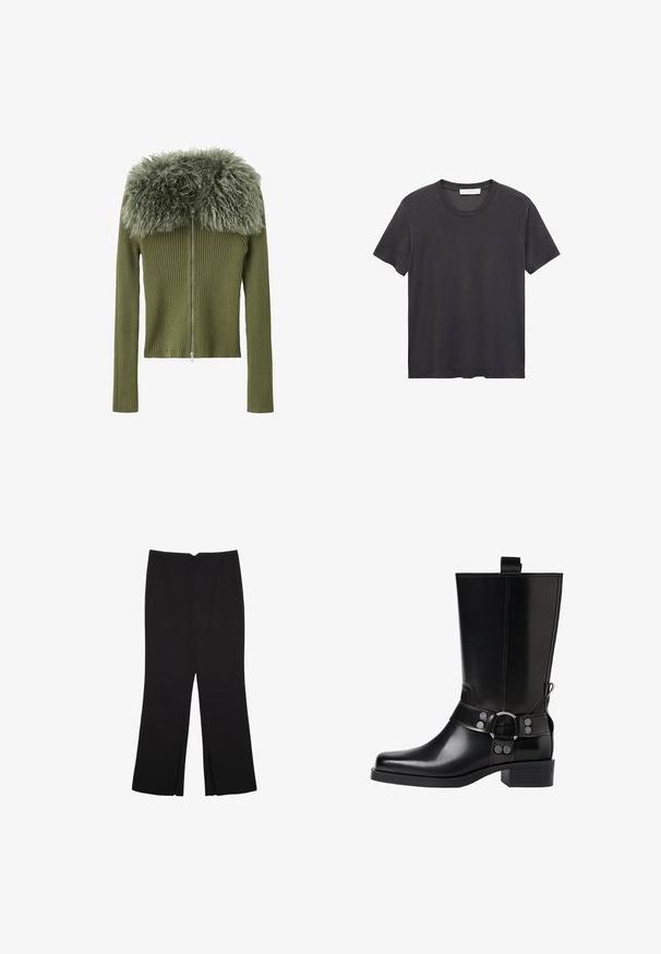 Olive zelena rebrasta pletena jakna z dolgimi rokavi, zadrgo in puhastim krznom podobnim ovratnikom. Teksturovana tkanina se kontrastira z gladkimi odsevi.; Črna majica s kratkimi rokavi in okroglo ovratnikom, izdelana iz mehkega bombaža. Ohlapen kroj, raven spodnji rob brez okrasnih elementov ali vzorcev.; Črne hlače ravnega kroja z naglavnimi žepi in stranskimi razporki na robu. Narejene iz mehke, gladke tkanine. Primerne za različne priložnosti.; Črne usnjene škornje do kolen s koničastim nosom, srebrnimi zaponkami in debelim peto. Imajo zanko za enostavno obuvanje.