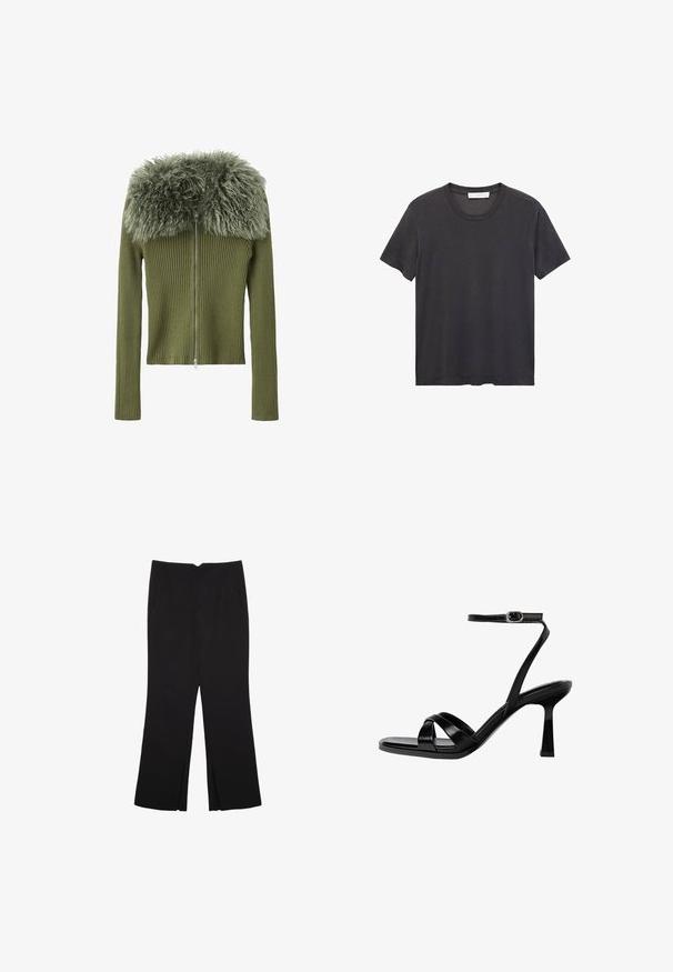 Olivgrüne gerippte Strickjacke mit langen Ärmeln, Reißverschluss und einem flauschigen, fellähnlichen Kragen. Texturiertes Gewebe steht im Kontrast zu glatten Akzenten.; Schwarzes Rundhals-T-Shirt aus weicher Baumwolle. Kurze Ärmel, lockere Passform und gerader Saum ohne Verzierungen oder Muster.; Schwarze Hose mit geradem Schnitt, ausgestattet mit Fronttaschen und Seitenschlitzen am Saum. Hergestellt aus weichem, glattem Stoff. Geeignet für verschiedene Anlässe.; Schwarze Riemchen-Sandalen mit hohen Absatz, quadratischer Zehenpartie, glattem synthetischem Material, Knöchelriemen mit einer Schnalle in Silberoptik und einem sculptierten Absatz.
