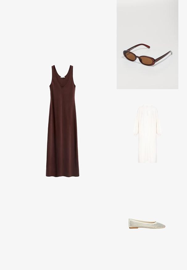 Biała kardiganka wykonana z teksturowanej dzianiny, z głębokim dekoltem w szpic, oversize'owymi rękawami w kształcie balonów oraz prostą sylwetką.; Brązowa, bezrękawnikowa sukienka maxi z okrągłym dekoltem, gładką teksturą i prostym krojem, zaprojektowana dla swobodnego dopasowania.; Białe perforowane baleriny z ostrym noskiem i płaską gumową podeszwą. Materiał wydaje się gładki z jednolitą fakturą i wzorem.; Okrągłe, brązowe okulary przeciwsłoneczne z błyszczącą bordową oprawą. Cienkie ramiona z subtelnym detalem marki. Płaski kształt soczewek.; Beżowa torebka skórzana w kształcie półksiężyca z górnym zamkiem błyskawicznym, odczepianym paskiem na ramię oraz złotym logo "Lacoste Paris" z przodu.; Złoty metalowy pierścionek o gładkim, zaokrąglonym kształcie i wypolerowanym wykończeniu. Charakteryzuje się organiczną formą, jest szeroki w centrum, zwężając się ku krawędziom.