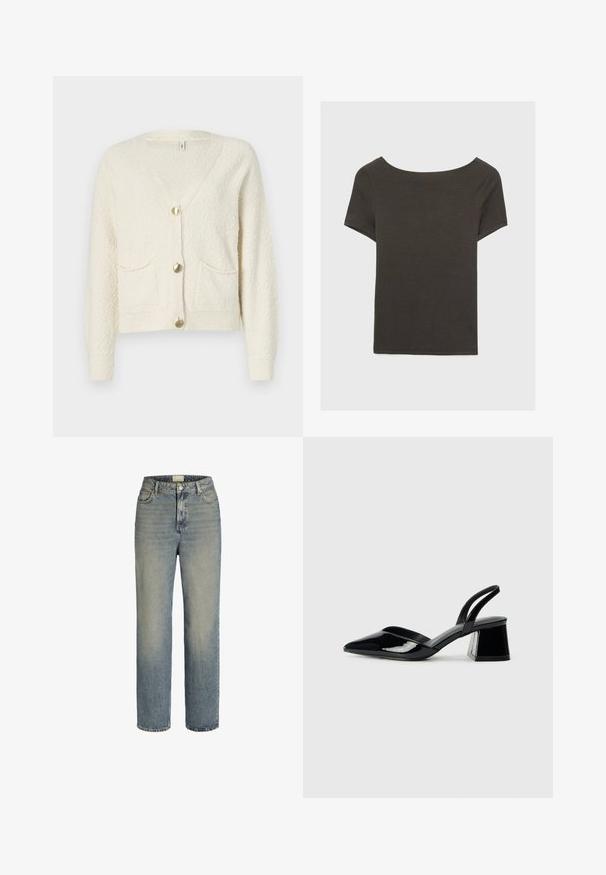 Cardigan color crema con scollo a V, tre bottoni dorati e due tasche frontali. Tessuto testurizzato con polsini e orlo a coste.; Top corto grigio scuro con scollatura a barca. Realizzato in tessuto a costine, presenta una vestibilità rilassata e un orlo pulito. Design semplice, senza motivi.; Jeans in denim azzurro chiaro con design a gamba dritta, vita alta, stile a cinque tasche e un leggero sbiadimento. Presentano una chiusura con bottone e zip in metallo.; Décolleté in vernice nera con punta affusolata e tacco in geometria cubica. Presentano un design elegante e minimalista, con una texture liscia.