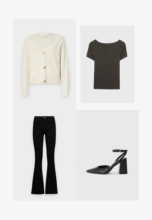 Cremefarbener Cardigan mit V-Ausschnitt, drei goldenen Knöpfen und zwei vorderen Taschen. Strukturierter Stoff mit gerippten Bündchen und Saum.; Dunkelgraues Kurzarmoberteil mit Bootsausschnitt. Hergestellt aus geripptem Stoff, mit lockerer Passform und sauberem Saum. Einfaches Design, ohne Muster.; Schwarze hochtaillierte Jeans mit einem Knopf- und Reißverschluss, Fronttaschen und ausgestellten Beinen, flach auf einem weißen Hintergrund ausgelegt.; Schwarze Leder-Pumps mit spitzer Zehe, einem Knöchelriemen und einem blockigen Absatz. Flache Textur, elegantes Design und minimalistische Ästhetik.
