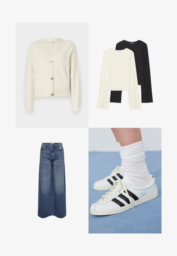 Cremefarvet cardigan med V-hals, tre guldknapper og to forlommer. Struktureret stof med ribbede manchetter og kant.; Sæt med to langærmede toppe i hvid og sort. Ribbet tekstur, rund halsudskæring, tætsiddende design med let udvidede ærmer.; Bredde ben blå denim jeans med høj talje, klassisk fem-lomme design og en lysvasket finish for en afslappet pasform.; Hvide lædersneakers med sorte striber, cremefarvet sål og lyse snørebånd. Båret med hvide ribbede sokker, placeret på blå baggrund.