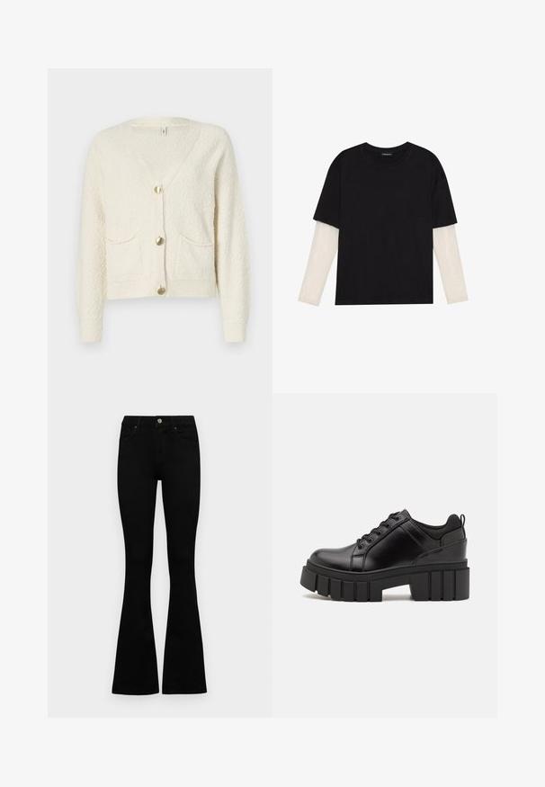 Cream-colored cardigan featuring a V-neck, three gold buttons, and two front pockets. Textured fabric with ribbed cuffs and hem.; Black T-shirt made of cotton, featuring short sleeves over a white long-sleeve layer with a subtle textured pattern. Crew neckline design.; Black high-waist jeans with a button and zip closure, front pockets, and flared legs laid flat on a white background.; Black leather platform shoes with a chunky block heel, round toe, and traditional lace-up design. Features smooth texture and minimal detailing.