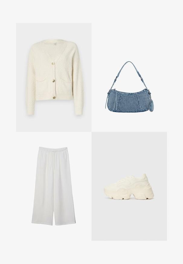 Kardigan w kolorze kremowym z dekoltem w serek, trzema złotymi guzikami i dwoma przednimi kieszeniami. Teksturowana tkanina z ściągaczami przy mankietach i u dołu.; Biała koszulka z krótkim rękawem, wykonana z bawełny. Posiada okrągły dekolt i luźny krój. Gładka faktura bez widocznych wzorów czy akcentów.; Białe szerokie spodnie wykonane z lekkiego materiału, z elastyczną talią i sznurkiem do regulacji fasonu. Gładka tekstura.; Podeszwa chunky białych sneakersów wykonana z teksturowanej siateczki i materiałów syntetycznych, z grubą podeszwą i skomplikowanymi detalami wzoru po bokach.; Dżinsowa torba na ramię o zaokrąglonym kształcie, w jasnoniebieskim kolorze, z regulowanym paskiem na ramię oraz małą odpinaną kieszonką z metalowymi akcentami.