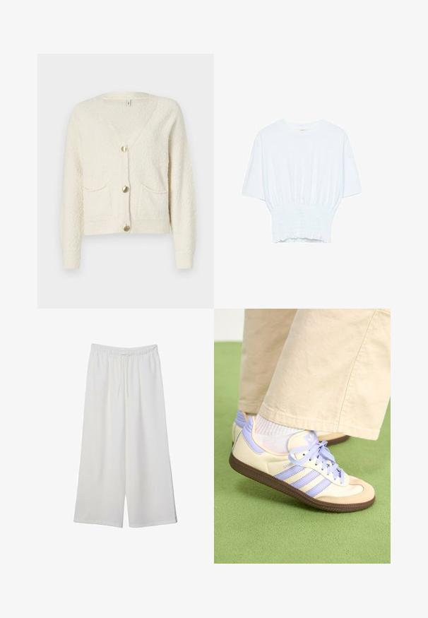 Kermanvärinen neuletakki, jossa on V-aukkoinen kaula-aukko, kolme kultaisia nappia ja kaksi etutaskua. Riippuva kangas, jossa on rimpsureunat hihansuissa ja helmassa.; Valkoinen lyhythihainen t-paita, jossa on rento leikkaus ja frillattu tekstuuri vyötäröllä. Valmistettu pehmeästä, kevyestä kankaasta.; Valkoiset leveälahkeiset housut, jotka on valmistettu kevyestä kankaasta. Niissä on joustava vyötärö ja nauha säädettävää istuvuutta varten. Sileä pinta.; Kermasilta ja laventelilta näyttävät lenkkarit kolmella raidalla ja teksturoidulla ruskealla pohjalla, varustettuna nauhoilla ja pehmustetulla kantapäällä. Pehmeä kangaspinta.