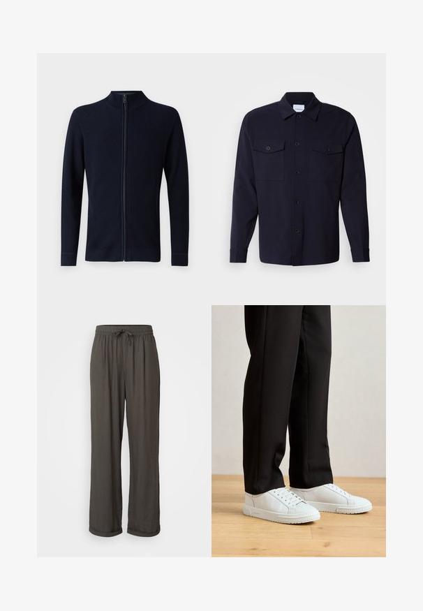 Námořnický cardigan na zip vyrobený z pletené látky. Obsahuje vysoký límec, dlouhé rukávy a žebrovanou texturu na manžetách a lemu.; Námořnická modrá košile s kapsami na hrudi, vyrobená z měkké látky, s knoflíkovou přední částí a dlouhými rukávy se zapínáním na knoflíky.; Tmavě šedé kalhoty s širokým střihem a stahovacími šňůrkami v pase, vyrobené z měkké, texturované tkaniny, s ohrnutými manžetami u kotníků.; Bílé kožené tenisky s plochými šňůrkami, texturovanou gumovou podrážkou a jednoduchým designem. V páru s černými zúženými kalhotami, umístěné na dřevěné podlaze.